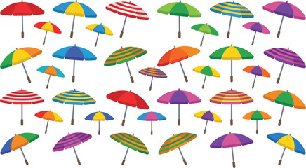 Fototapeta premium Colorful beach umbrellas vector collection featuring striped tropical parasols isolated on white summer background design