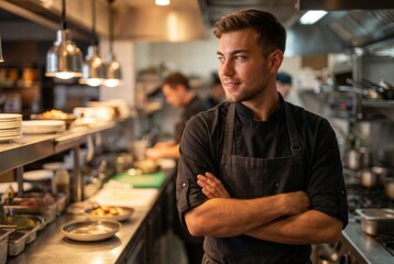 Fototapeta premium Young chef standing with arms crossed, working in a professional commercial kitchen