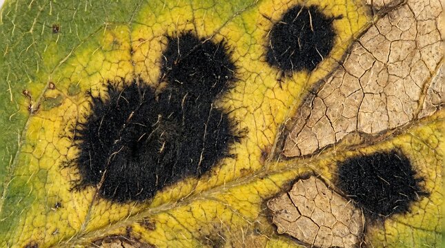 Extreme close-up of black spot disease on rose leaf, damaged organic texture, photorealistic botanical pathology