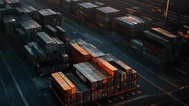 Shipping containers filling a busy cargo terminal, highlighting the global logistics and trade network operating at a commercial port during twilight hours