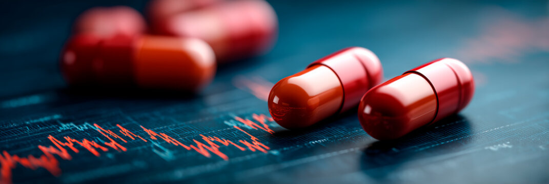 Capsules with a financial chart overlay symbolizing healthcare analytics, drug market volatility, and data driven decision making
