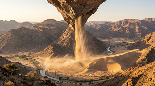 Surreal Desert Sandfall Beneath Giant Rock Arch