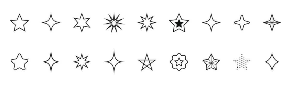 Minimal star and sparkle icon set in thin line style. Decorative celestial symbols collection for logo, UI, branding, tattoo, social media, web design, magic theme and modern vector projects.