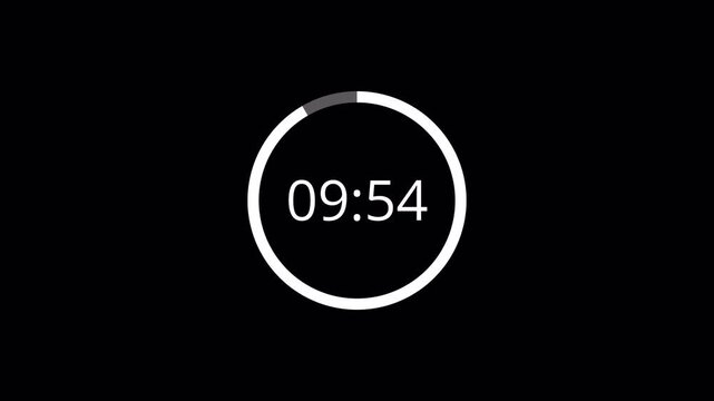 10 minute to 9 minute countdown timer animation on transparent background, ten to nine minutes timer animated video with alpha channel for presentation and educational content, ten minute 4k countdown