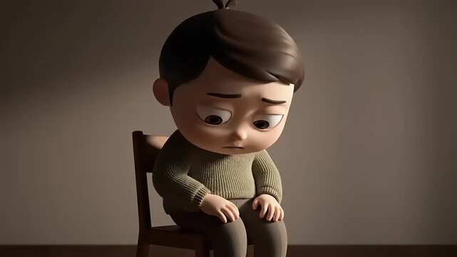 Sad little boy sits on chair looking down with sorrow