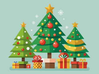 Obraz premium Colorful christmas trees with gifts and ornaments in festive setting Vector