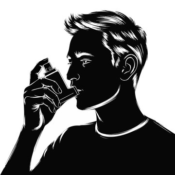 Man applying bronchodilator inhaler for asthma management, illustrating respiratory health, lung condition treatment, COPD support.