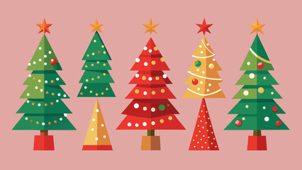Obraz premium Colorful christmas trees with star and gift icons on pink background Vector