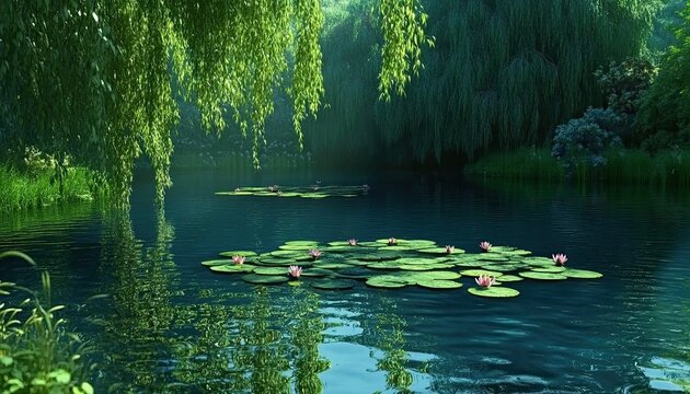 A peaceful pond surrounded by weeping willows, with lily pads floating on the water and a gentle breeze causing ripples on the surface. The serene pond feels tranquil and untouched.
