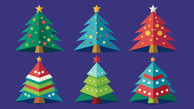 Colorful cartoon christmas trees with ornaments and lights Vector