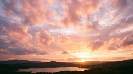 Obraz premium Vibrant sunset over serene lake with colorful cloudscape