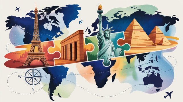 Colorful collage of famous world landmarks forming a global travel adventure concept