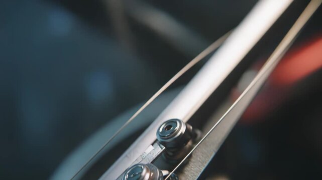 Guitar headstock tuning pegs adjusting metallic strings, shallow depth of field and bokeh background highlighting detail, craftsmanship and musical preparation
