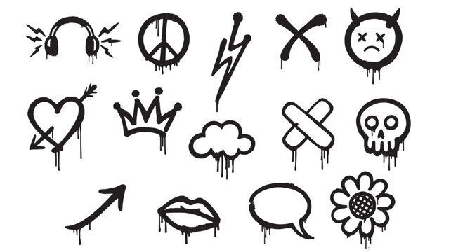 Graffiti sticker set with devil, peace, crown, skull, love hearts, lightning and speech bubble icons on white background