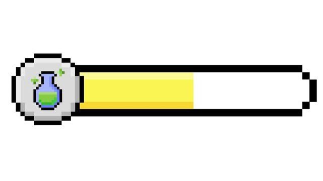 Vibrant pixelated game status indicator bar featuring a glowing elixir flask icon, depicting digital power and progression concept