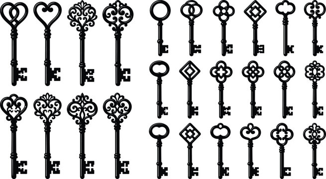 Elegant vintage skeleton key collection with ornate decorative shapes and antique locksmith silhouettes isolated vector illustration for classic design projects
