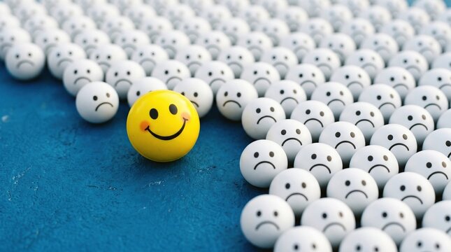 Yellow smiling ball separated from a group of white sad balls representing positivity and mental health awareness