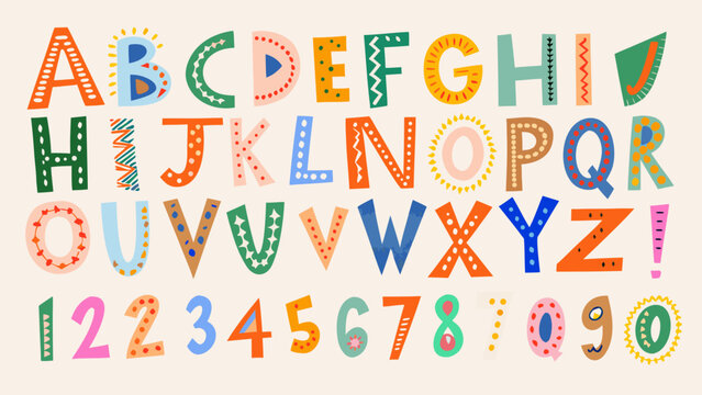 decorative alphabet and numbers set colorful illustrated letters and numerals on a cream background