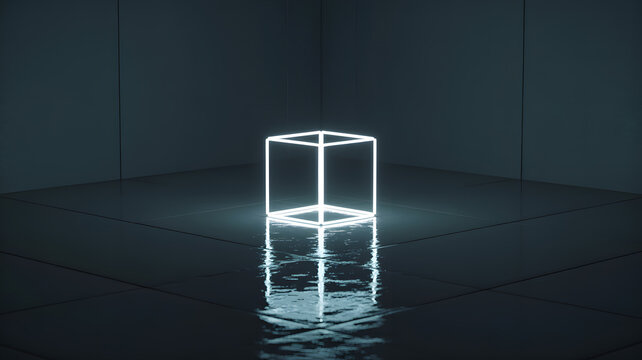 A glowing neon cube sits in a dark room with a reflective floor