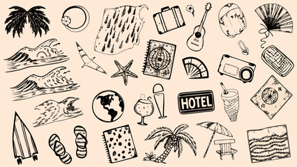 hand drawn travel themed doodles with beach and vacation elements in black ink on a beige background © Bikas