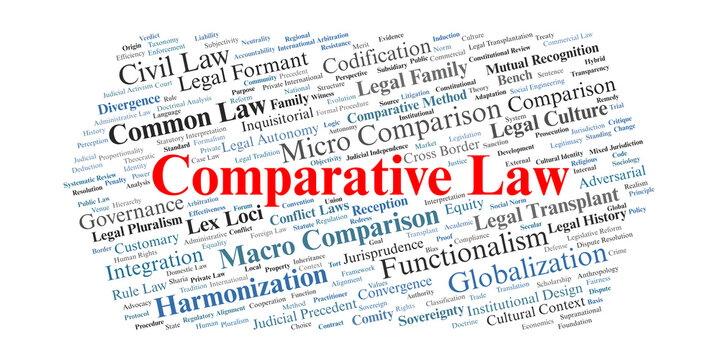 Comparative Law Word Cloud. A visual summary of the methods used to analyze differences between global legal families, including transplants, harmonization, and cultural jurisprudence.