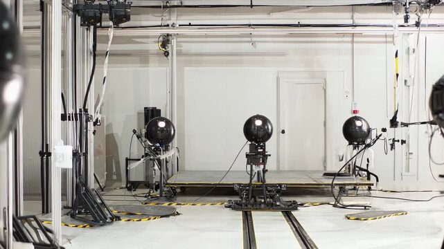 White studio room featuring a complex setup of specialized cameras and equipment, creating intricate 3d models and capturing volumetric data for virtual applications