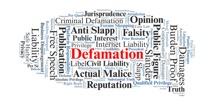 Defamation Law Word Cloud. A visual summary of legal terms surrounding libel, slander, truth defenses, and the balancing of individual reputation against constitutional free speech.