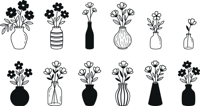 Minimal flower vase silhouette collection with elegant botanical arrangements and hand drawn floral decor vector illustration set