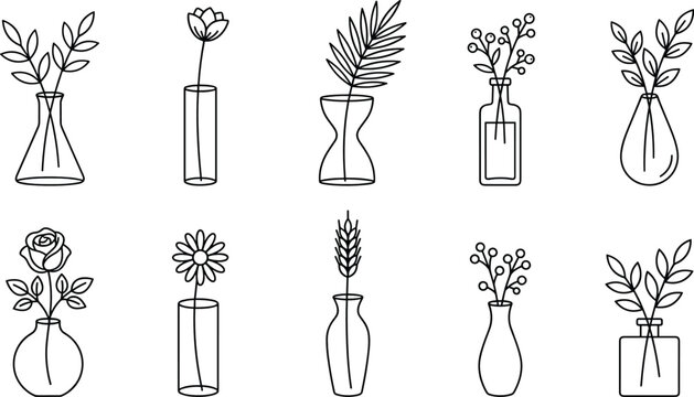 Minimal floral vase outline collection with elegant botanical stems leaves and flowers hand drawn vector illustration set for modern decor