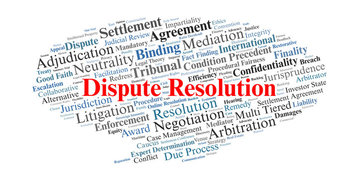 Dispute Resolution Word Cloud. A visual synthesis of methods and legal doctrines including Mediation, Arbitration, and Litigation used to achieve binding settlements and justice.