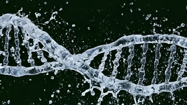DNA structure made of water splashes and droplets on black background.