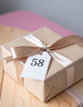 Nicely wrapped birthday present. Paper label with number 58 on it