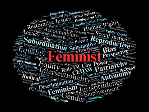 Feminist Word Cloud. A Visual Summary Of Key Concepts In Feminist Legal Theory, Intersectionality, Gender Justice, And The Structural Reform Of Patriarchal Legal Systems.