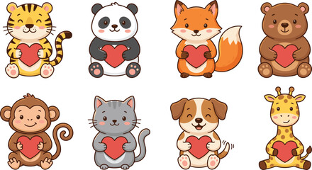 Obraz premium Cute baby animal character collection holding heart symbols featuring tiger panda fox bear monkey cat dog and giraffe vector illustration