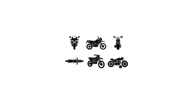 Motorcycle Vector Icons Set: Diverse Styles and Views, Black and White Silhouettes for Transportation and Adventure Graphics
