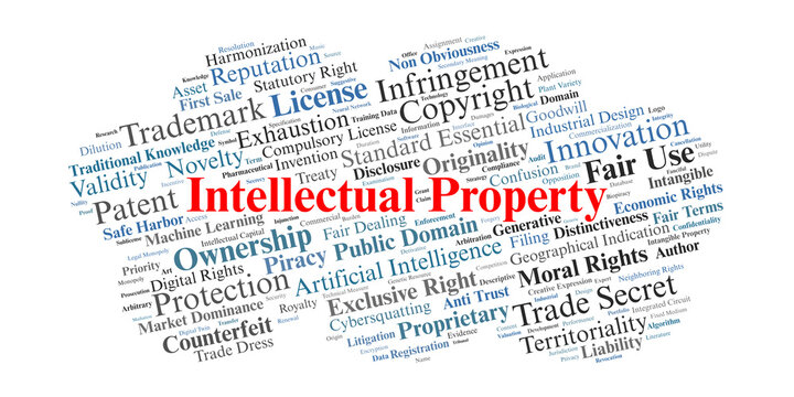 Intellectual Property Word Cloud. A visual representation of legal doctrines regarding patents, copyrights, and trademarks, balancing creator incentives with public access and rights.