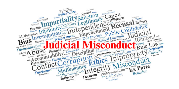Judicial Misconduct Word Cloud. A visual synthesis of terms related to ethical breaches, conflicts of interest, and the disciplinary frameworks used to maintain judicial integrity.