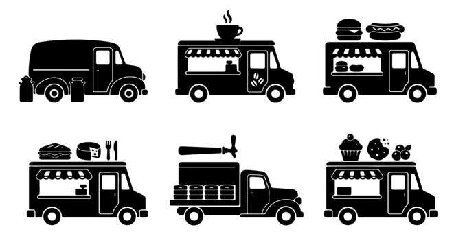 Set of 6 Black and White Food Truck Icons, Mobile Kitchen Vector Graphics, Street Food Van Illustrations, Fast Casual Dining Vehicles, Culinary Business Assets, Urban Eatery Designs