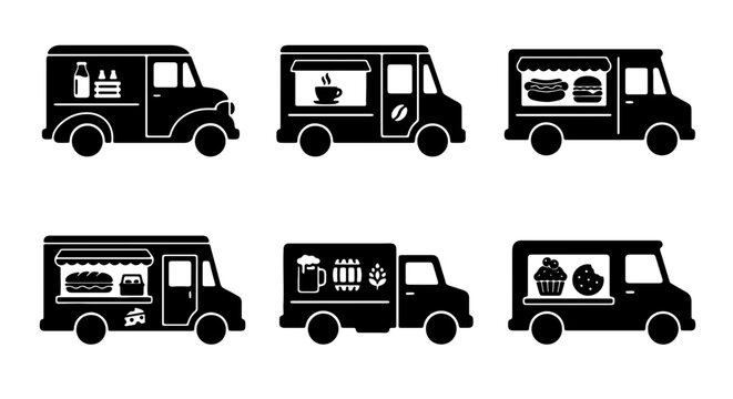 Set of 6 Black Food Truck Icons, Mobile Kitchen Vector Illustrations, Street Food Van Graphics, Diverse Menu Vehicle Silhouettes, Commercial Catering Transport