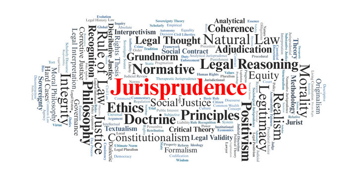 Jurisprudence Word Cloud. A visual exploration of the philosophical roots of law, including schools of thought like natural law and positivism, and core concepts of justice and ethics.