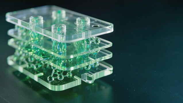 Premium abstract microfluidic lab on chip device with green glowing channels and crystal glass biotechnology cartridge, futuristic medical diagnostic concept, editorial science photography