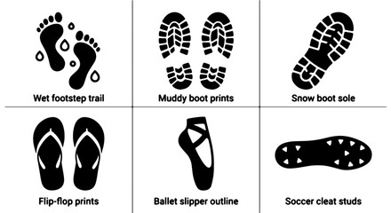 Footprint Icons Set: Wet Trail, Muddy Boots, Snow Sole, Flip-Flops, Ballet Slippers, Soccer Cleats, Vector Graphics for Outdoor and Sport Themes © Shawon