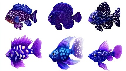 Fototapeta premium Vibrant Underwater Realm: Six Exquisitely Detailed Purple and Blue Fish