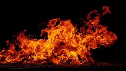 Fototapeta premium Dynamic blaze of hot orange fire and vibrant yellow flames isolated on a dark pure black background