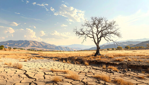 Lone dead tree in a parched dry cracked landscape.