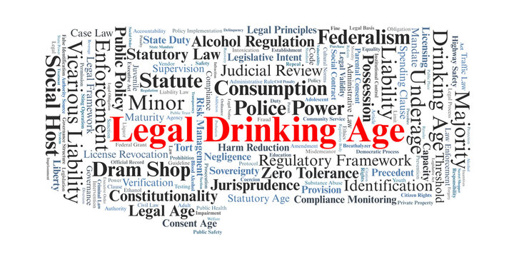 Legal Drinking Age Word Cloud. A visual summary of the regulatory mechanisms, liability doctrines, and jurisdictional laws governing the minimum age for alcohol purchase and consumption.