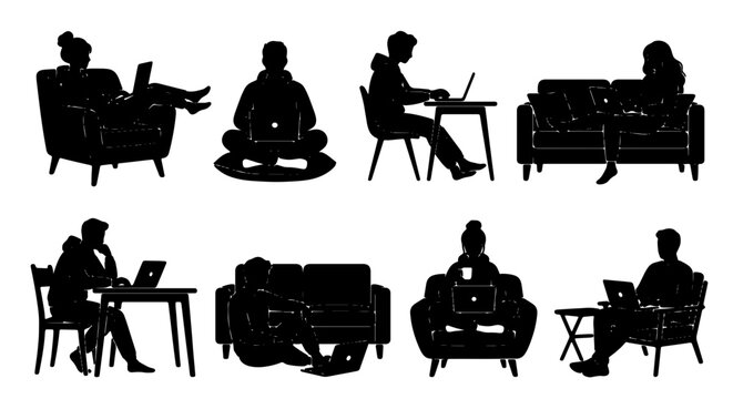 Silhouette People Working on Laptops, Diverse Poses and Settings Vector Collection. Modern Digital Life, Remote Work, Study, Freelance Lifestyle Graphics.