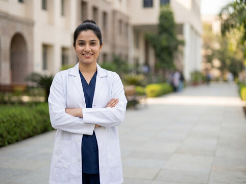 confident female medical student in lab coat at college campus for neet entrance success and doctor career concept