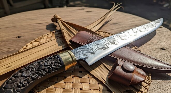 Artisanal knife on wooden surface
