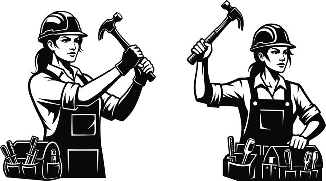 Female construction worker illustrations with tools